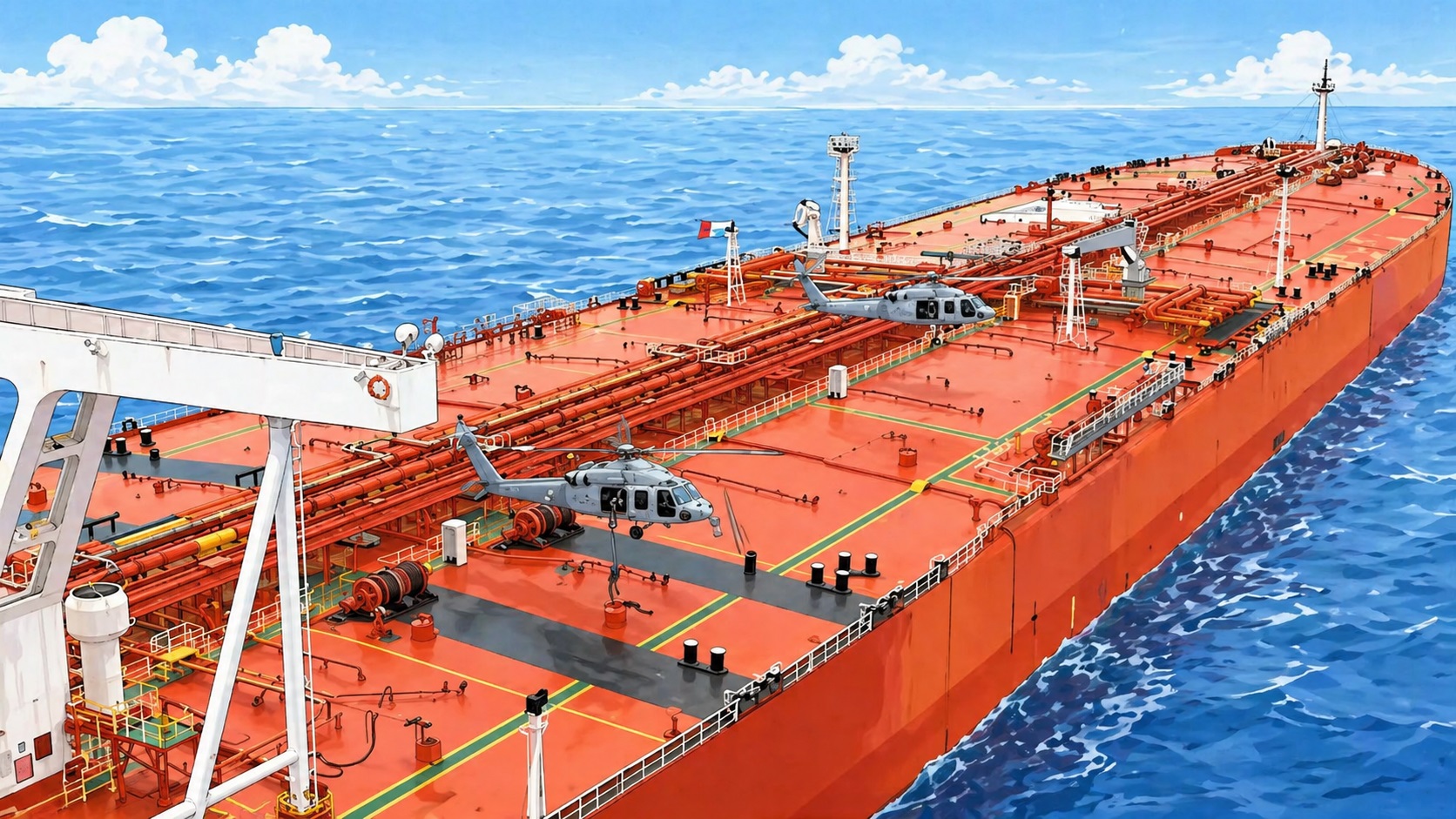 Large orange oil tanker at sea with two gray helicopters on its deck and a blue ocean in the background