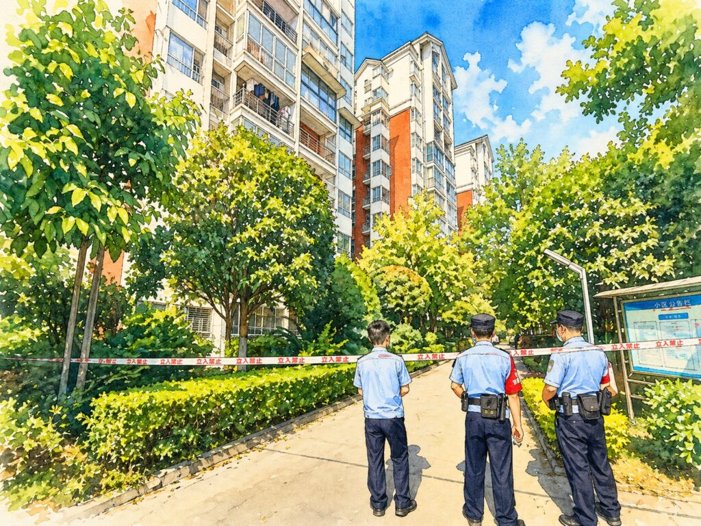 Three uniformed security guards stand with their backs to the camera, watching a cordoned-off residential courtyard with trees and tall buildings.