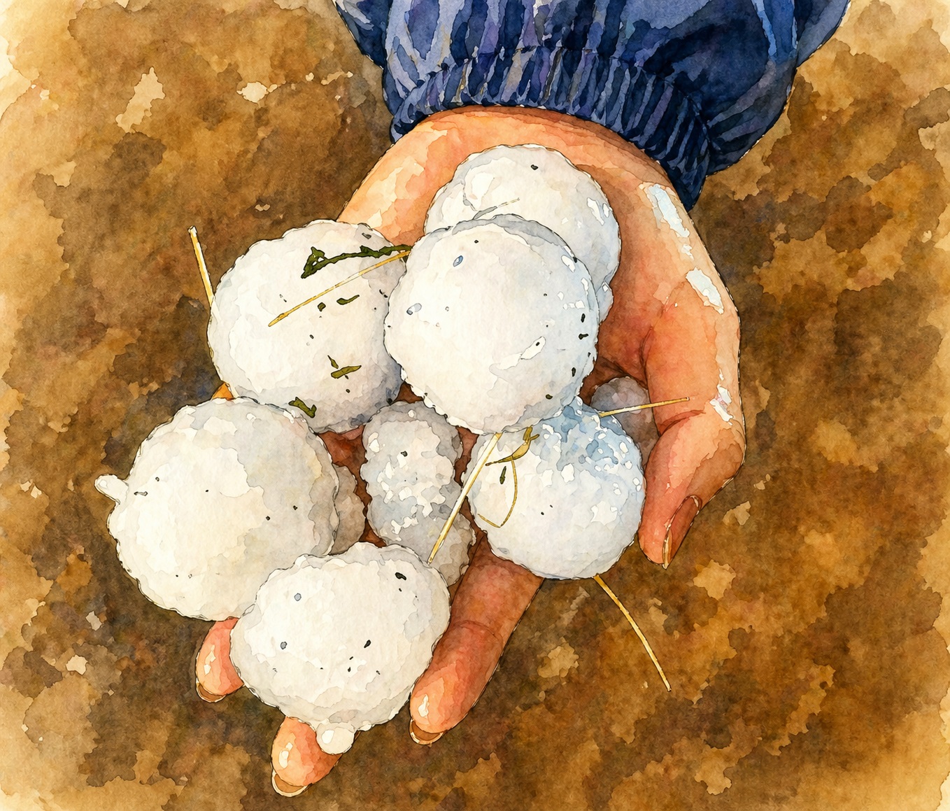 A hand holding several white cotton bolls on a brown textured background.
