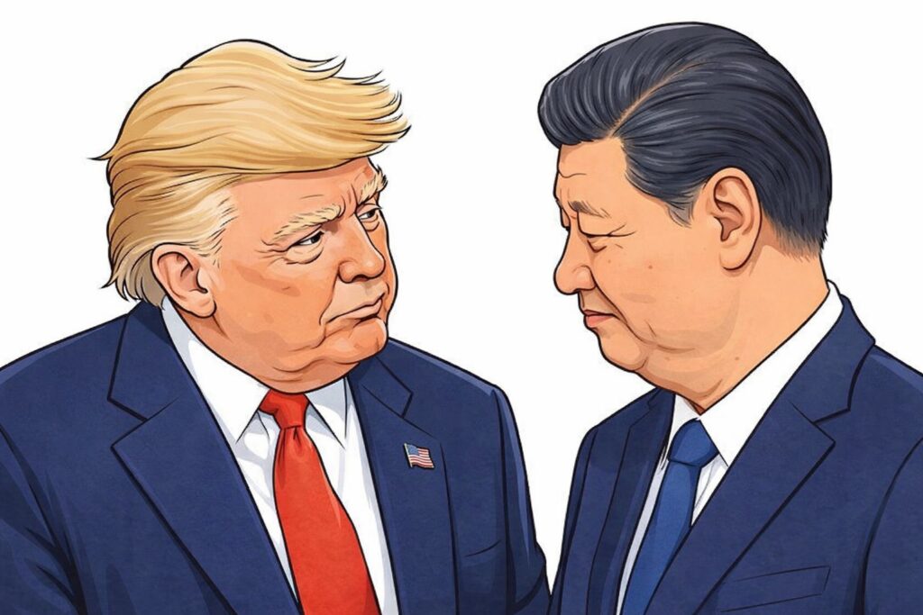 Cartoon of Donald Trump and Xi Jinping in suits facing each other, looking serious.