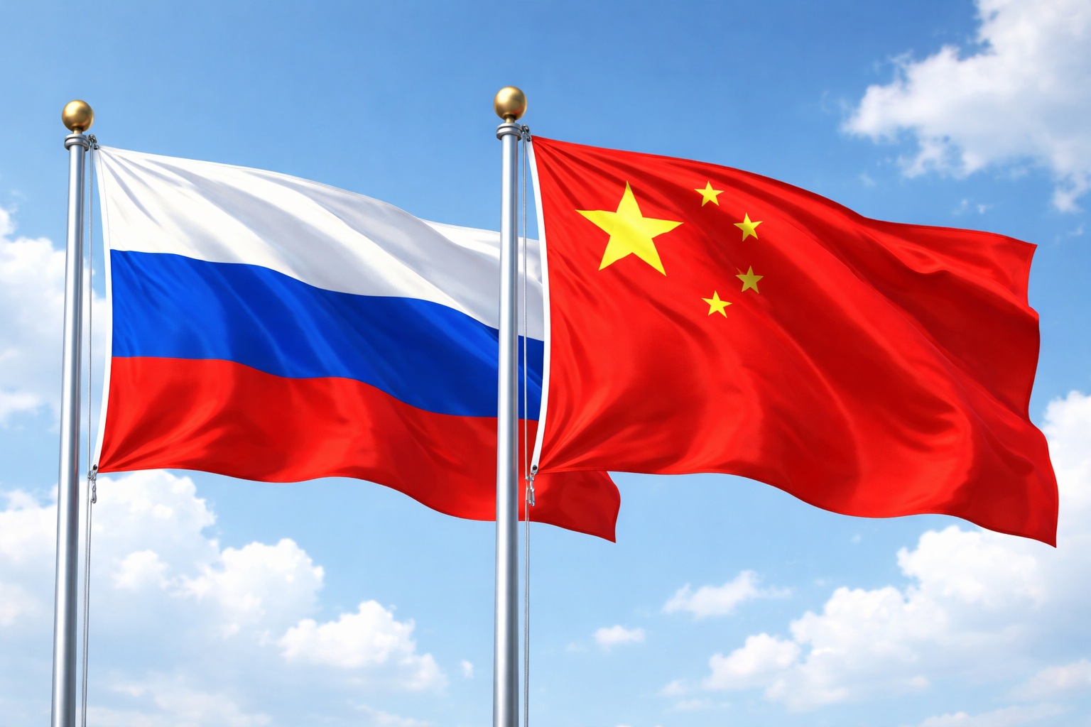 Two national flags—Russia (white-blue-red horizontal) and China (red with yellow stars)—flying side by side against a blue sky.