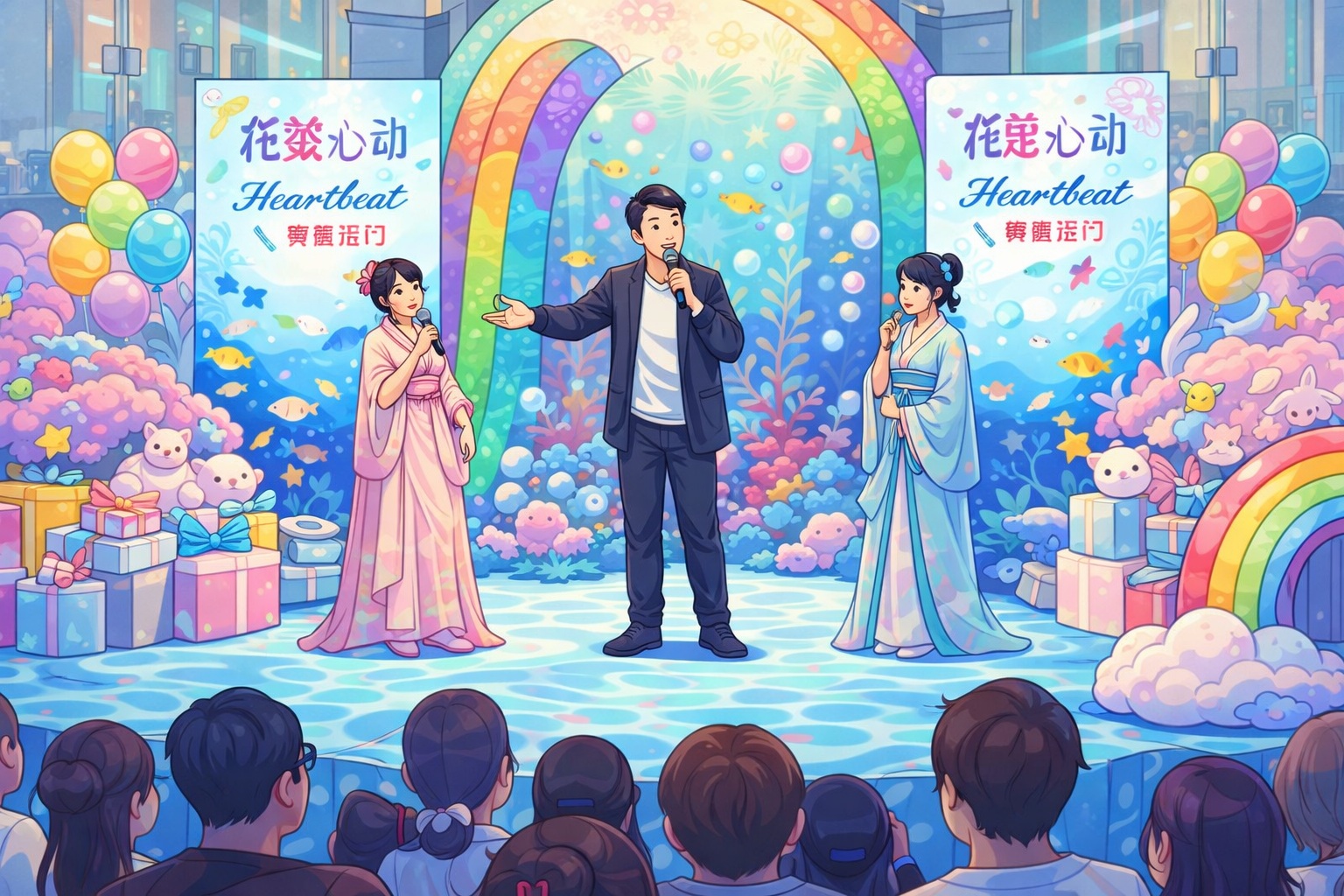 Three hosts perform on a colorful underwater-themed stage with a rainbow arch, balloons, and gift boxes, while an audience watches.