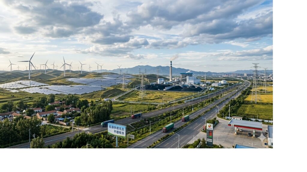 Aerial view of wind turbines on rolling hills beside solar farms, with an industrial complex and a highway nearby.