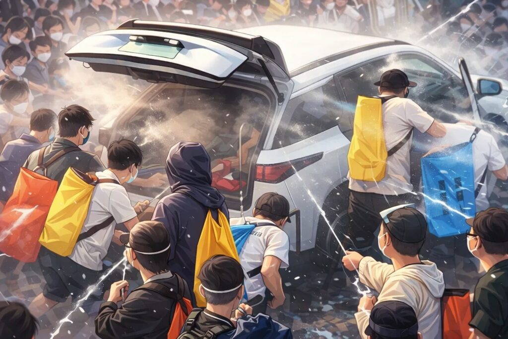 Crowded street scene around a white SUV with its rear hatch open, people in masks spraying water toward the vehicle as if in a rescue or drill.