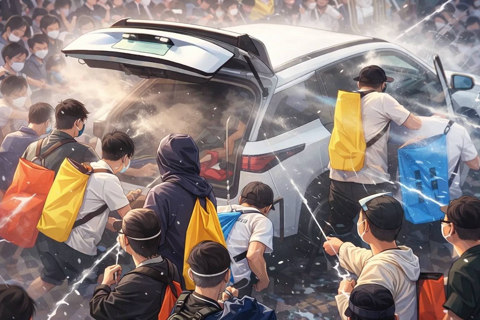 Crowded street scene around a white SUV with its rear hatch open, people in masks spraying water toward the vehicle as if in a rescue or drill.