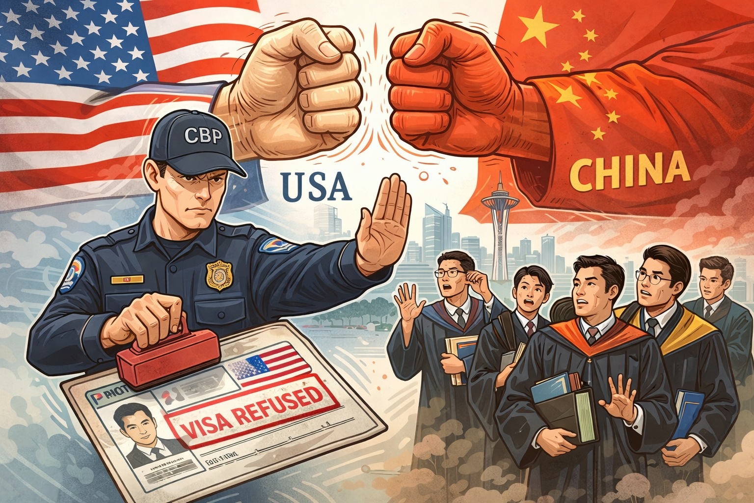 Political cartoon: a US officer stamps a 'Visa Refused' document while graduates wait, against a backdrop of American and Chinese flags and a city skyline with the Space Needle; symbolizes visa denial amid US-China tension.
