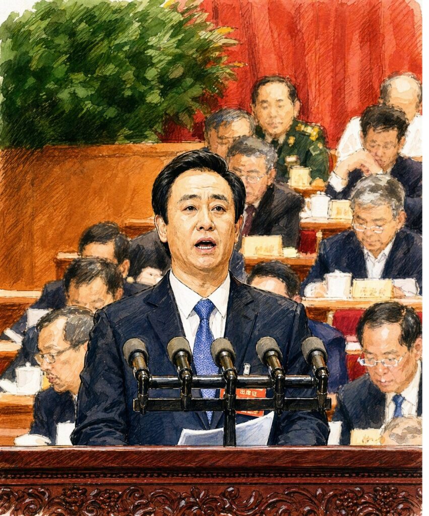 Man in a dark suit and blue tie speaks at a wooden podium with multiple microphones in a formal assembly hall.