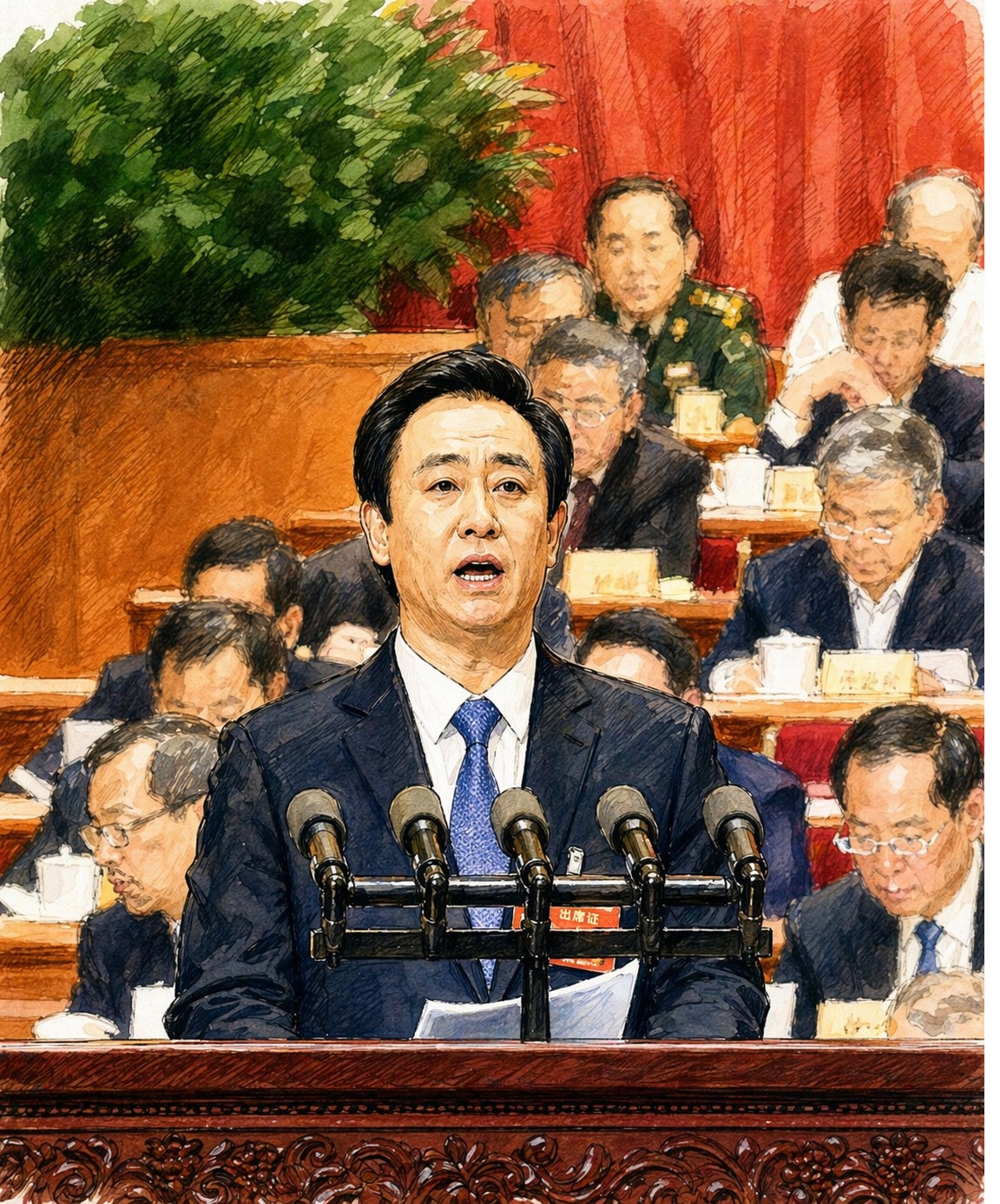 Man in a dark suit and blue tie speaks at a wooden podium with multiple microphones in a formal assembly hall.