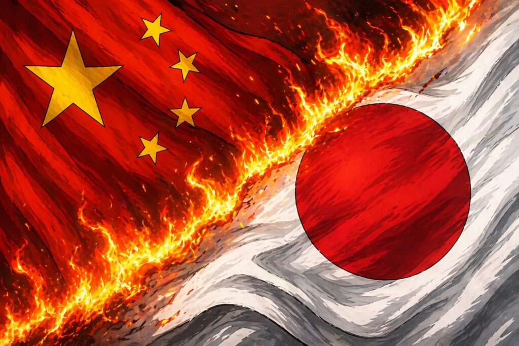 China flag with yellow stars and Japan flag with red circle, separated by flames between them.