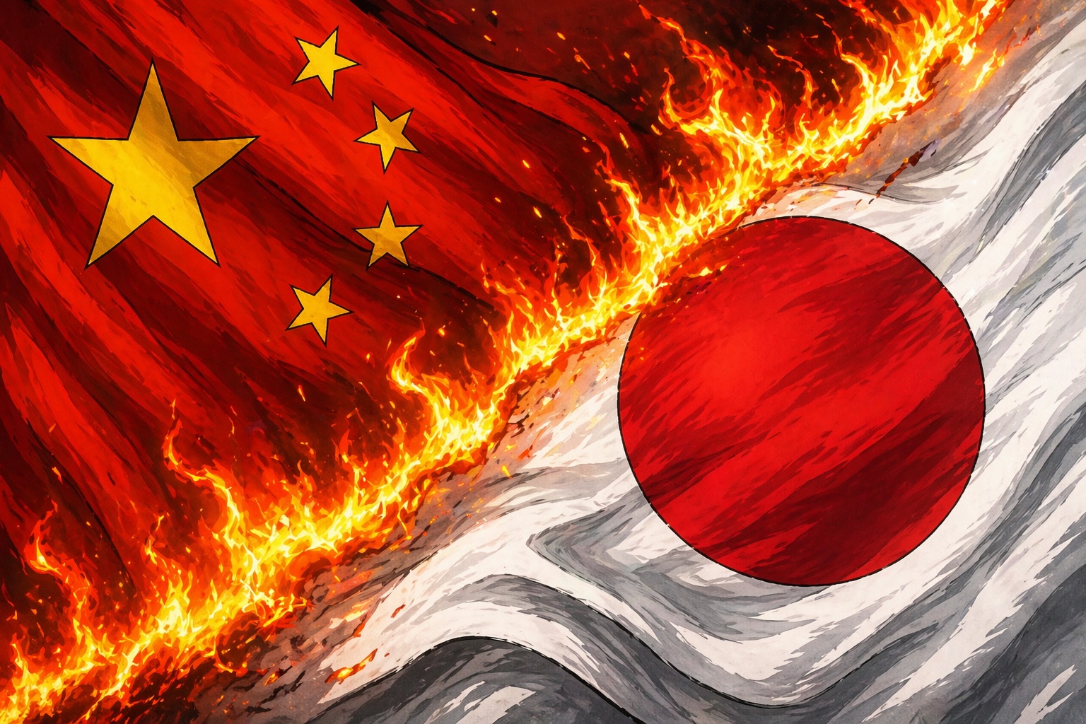 China flag with yellow stars and Japan flag with red circle, separated by flames between them.