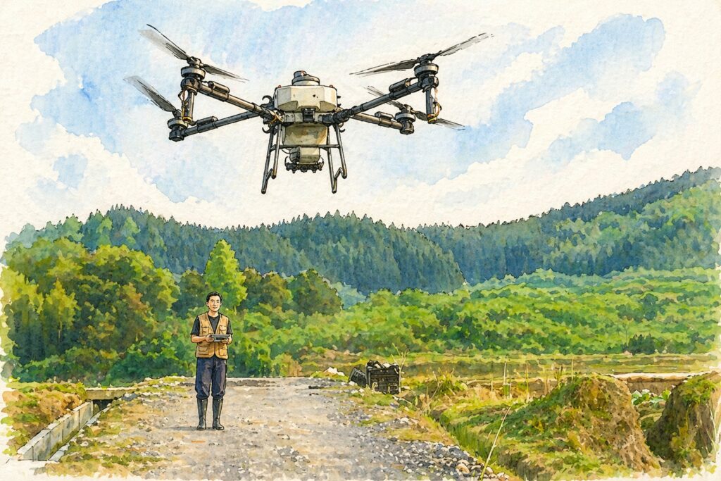 Agricultural drone with a controller/operator standing on a rural dirt path over green fields and hills in the background