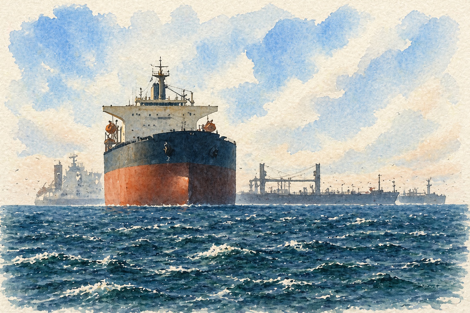 Watercolor illustration of a large blue and red cargo ship at sea, with cranes and other ships in the distant horizon.