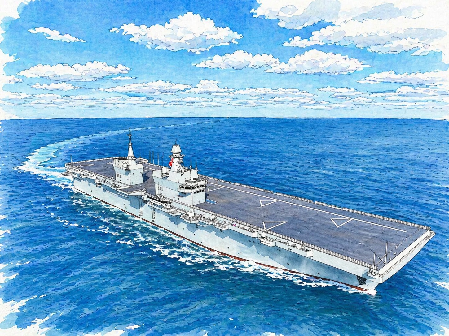 Illustrated aircraft carrier sailing on a blue ocean under a bright, cloudy sky with a long flat flight deck and command towers aboard.