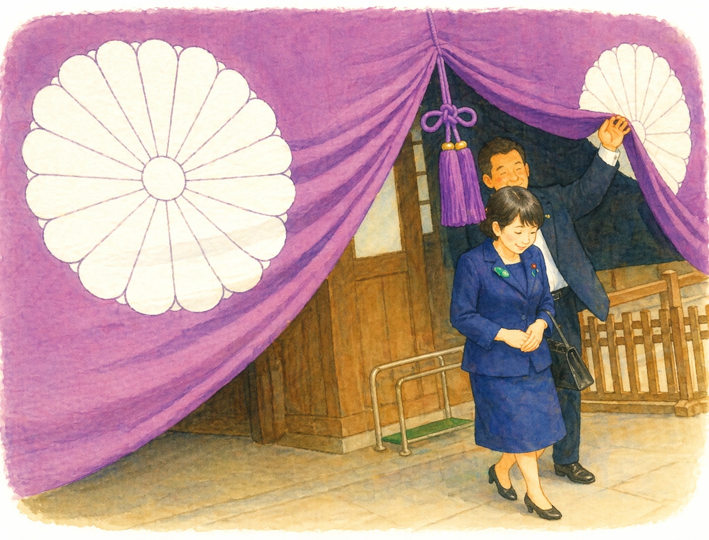 Woman in a blue suit steps through a purple curtain, as a man in a suit holds the drape back; large white flower design on the curtain wall behind them.
