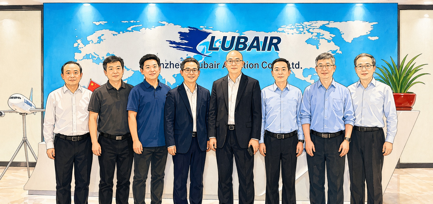 Eight professionals in business attire posing together in front of a blue world-map backdrop with the Lubair logo in a corporate lobby setting.