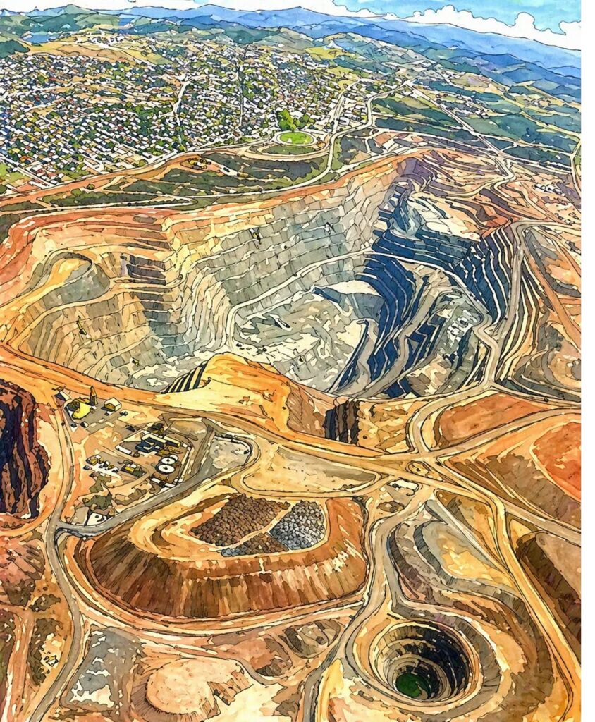 Aerial view of a large open-pit quarry with terraced walls, roads, and a distant town nestled on a hilltop.