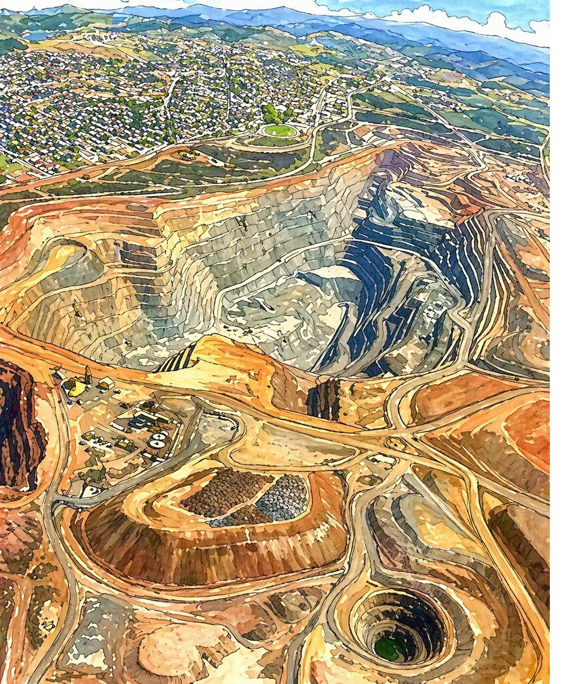 Aerial view of a large open-pit quarry with terraced walls, roads, and a distant town nestled on a hilltop.
