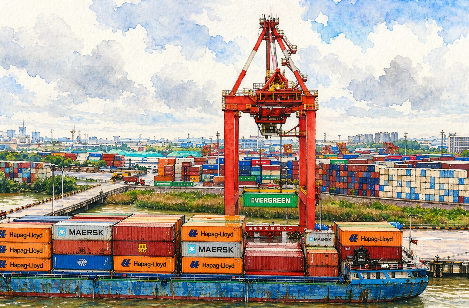 Red gantry crane unloading containers at a busy port with a cargo ship below and stacked colorful shipping containers nearby