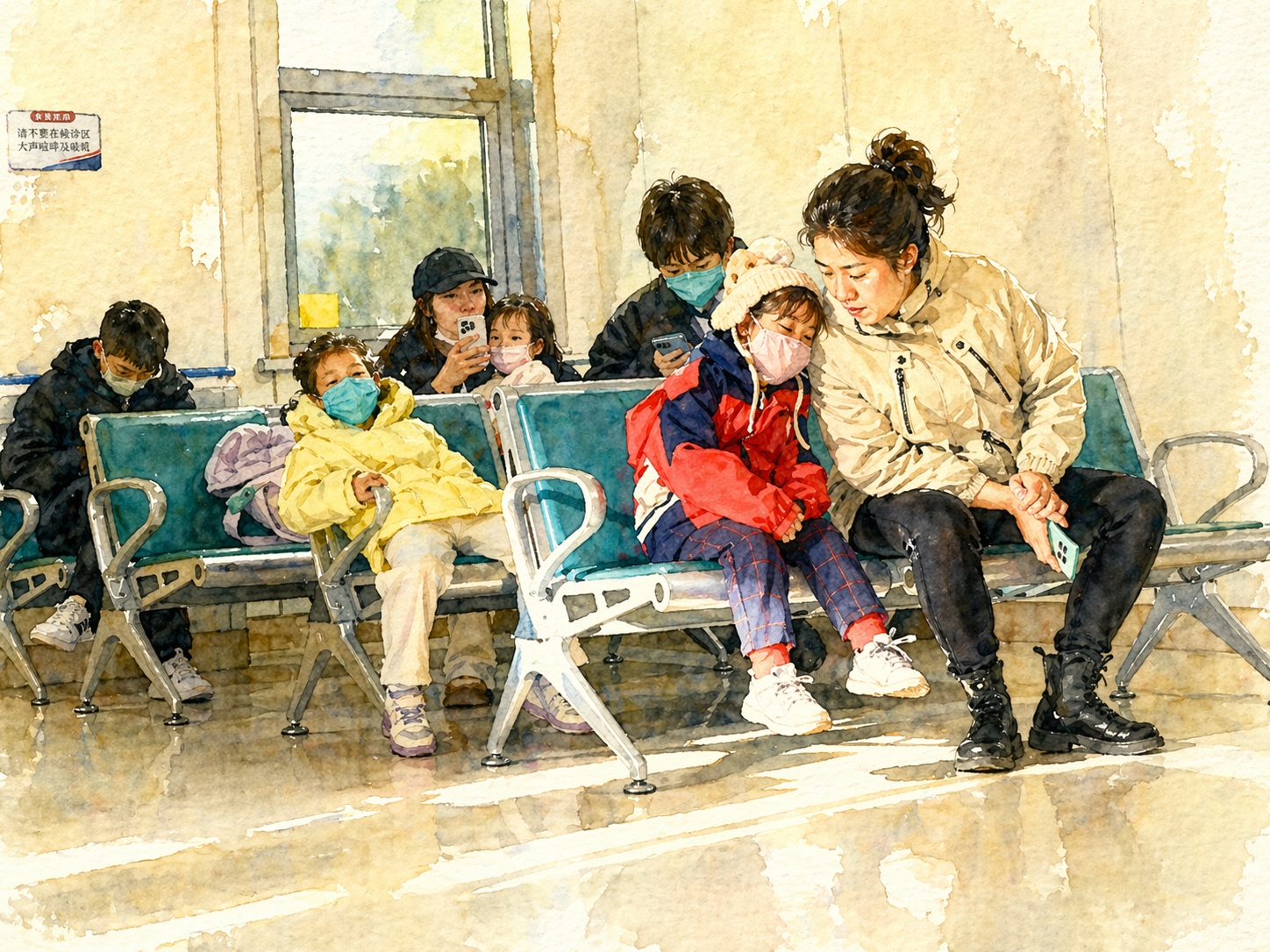 People wearing masks sit on blue-green benches in a bright indoor waiting area; a woman in a beige jacket leans toward a child in a red and blue jacket as they chat.