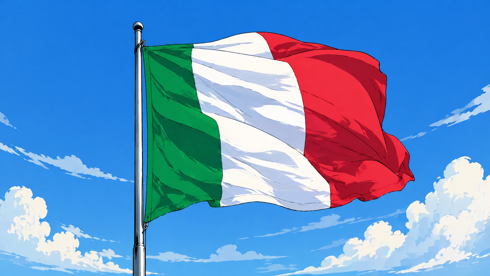 Italian flag fluttering on a flagpole against a bright blue sky (green, white, and red vertical stripes)