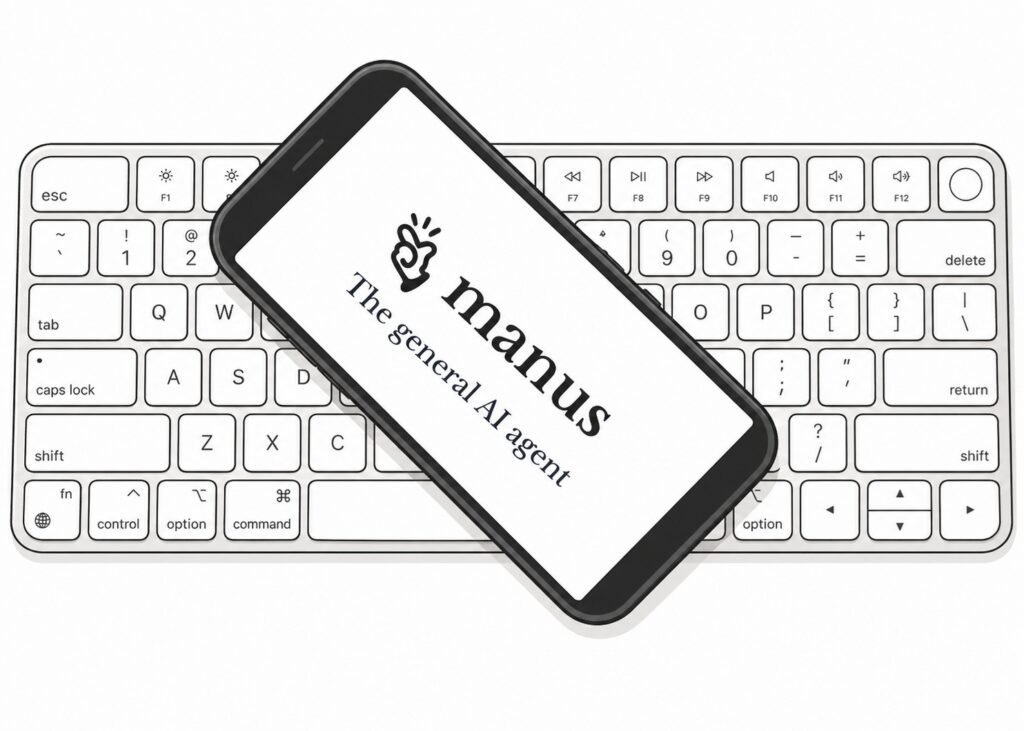 Smartphone rests diagonally on a white computer keyboard, screen displaying 'The manus' and 'The general AI agent'