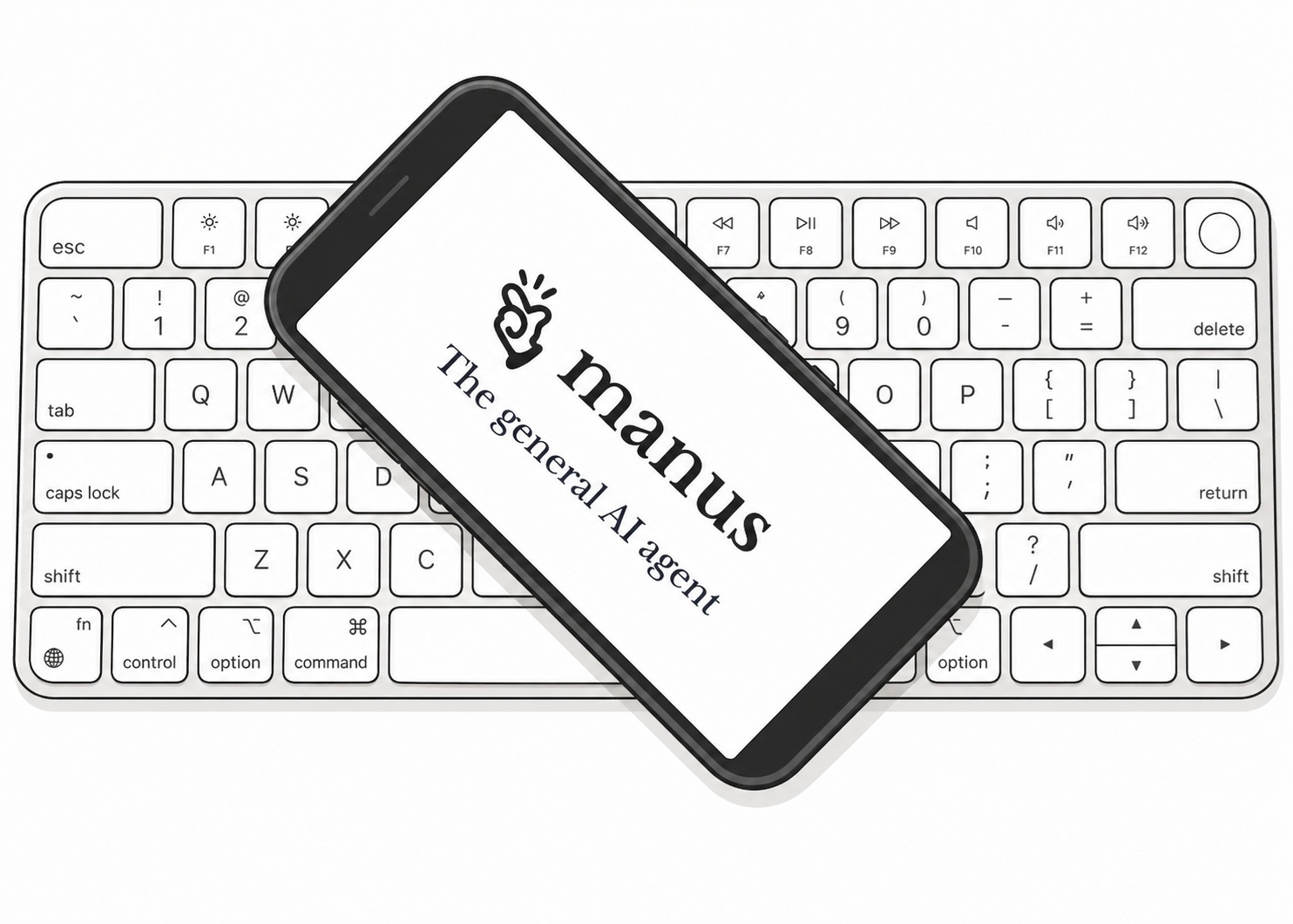 Smartphone rests diagonally on a white computer keyboard, screen displaying 'The manus' and 'The general AI agent'