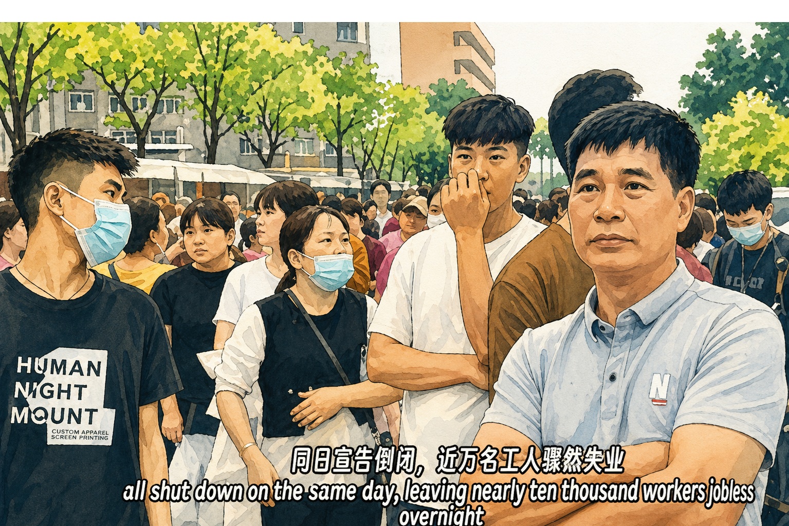 Crowd of people wearing masks in a city street; man in a light blue shirt stands at the right, with subtitles about mass layoffs.