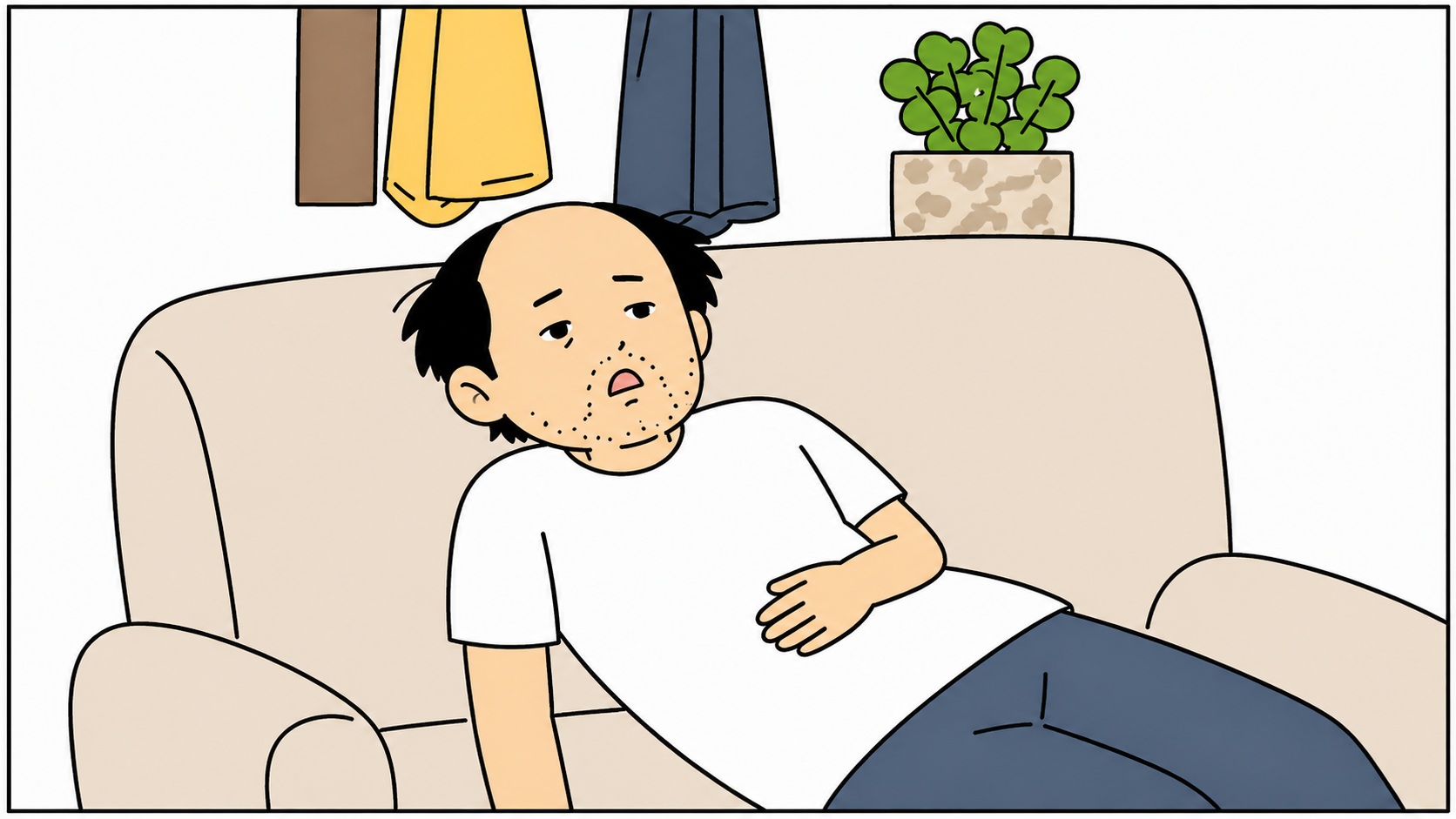 Man lying on a beige sofa, hand on chest, looking unwell in a living room.