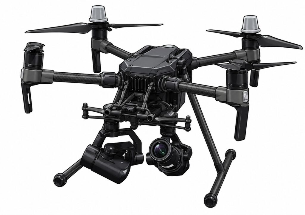 Quadcopter drone with four carbon-fiber arms and a mounted camera gimbal beneath the body