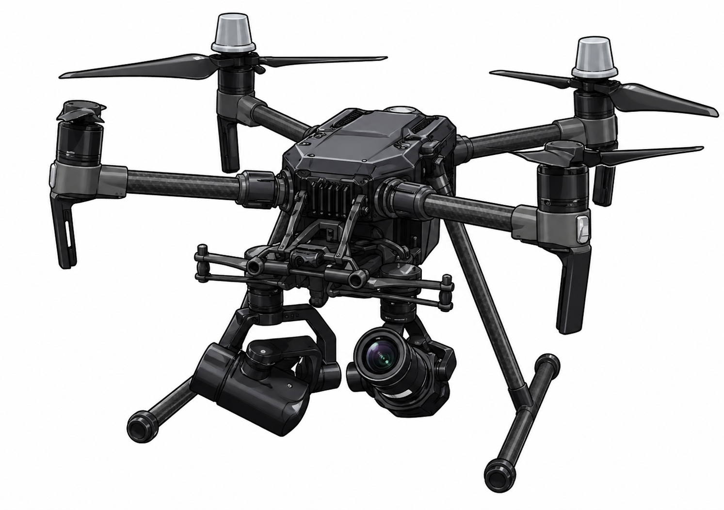 Quadcopter drone with four carbon-fiber arms and a mounted camera gimbal beneath the body