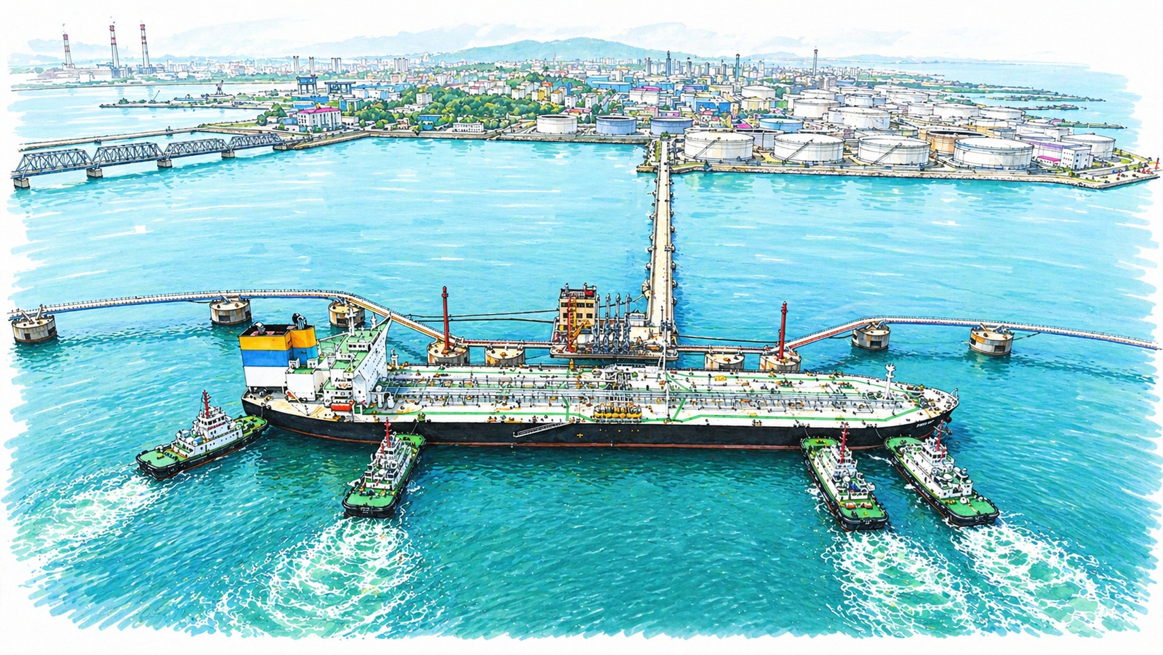 Large oil tanker at a busy port, with four tugboats alongside and storage tanks in the background.