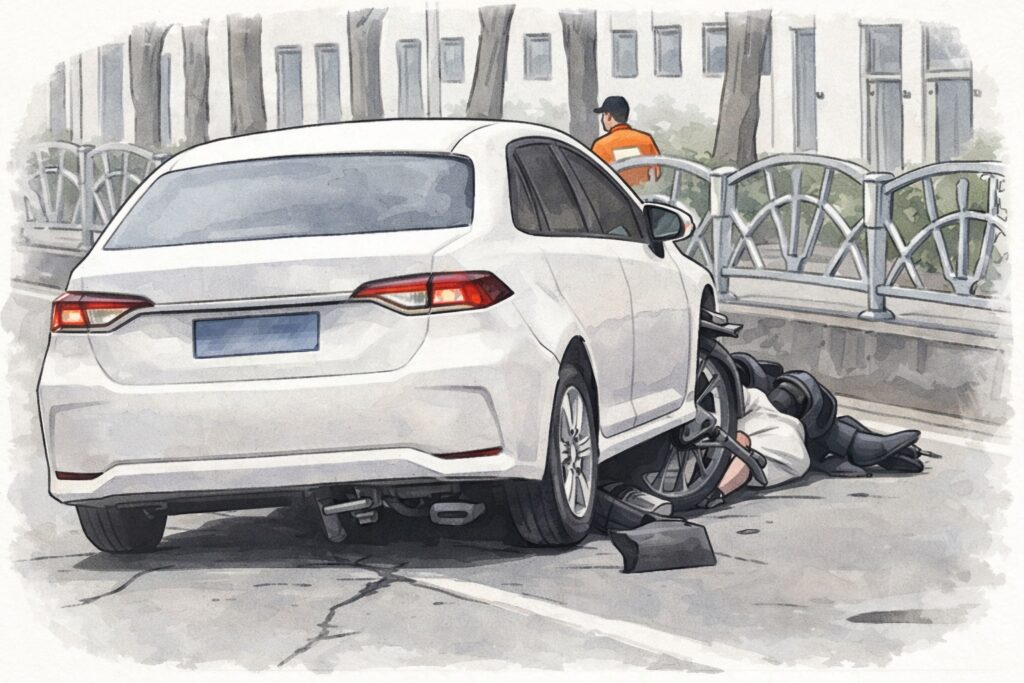 White sedan on a street with a motorcyclist lying beneath the rear wheel after a crash; a bystander in orange watches nearby.