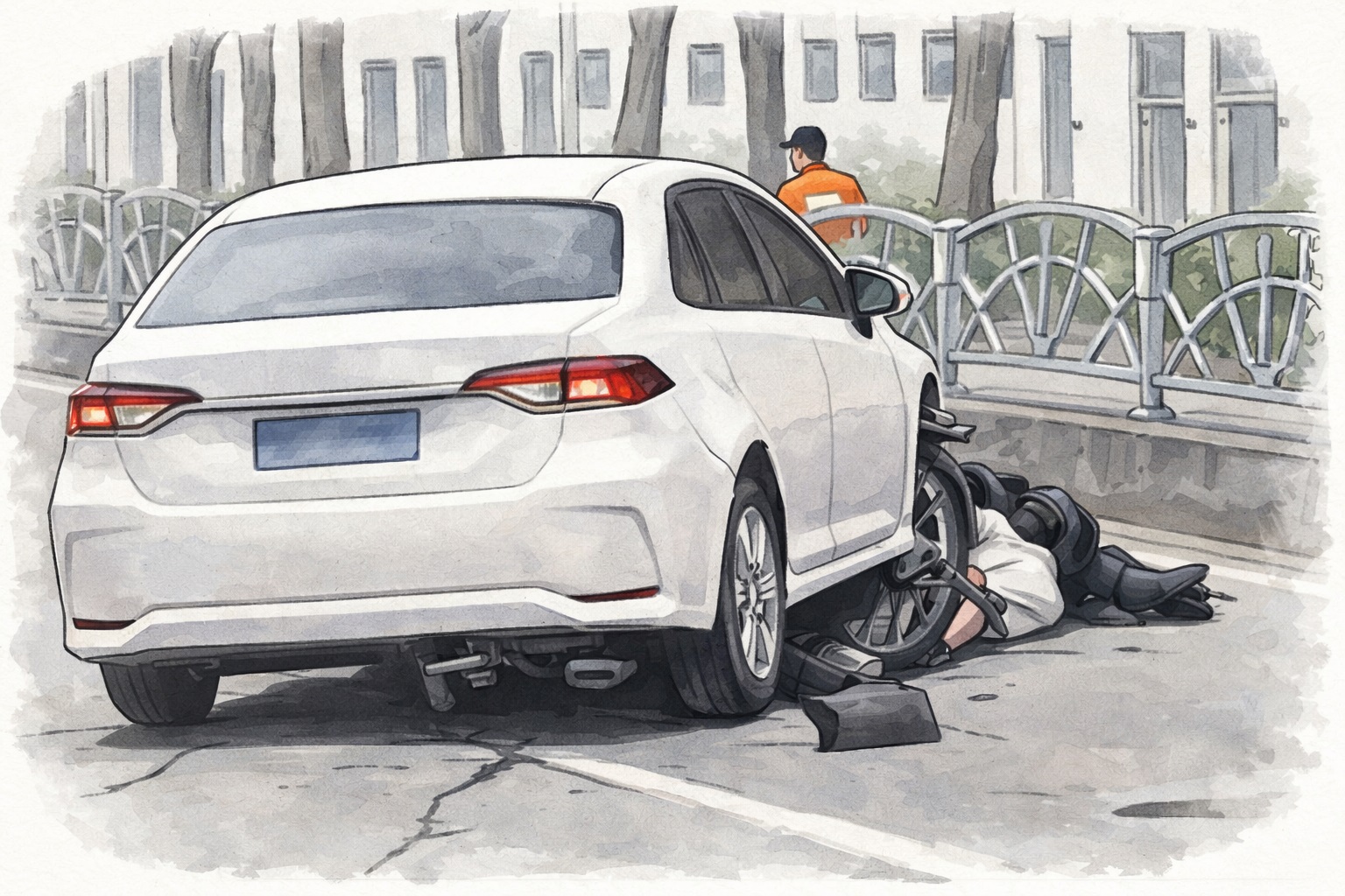 White sedan on a street with a motorcyclist lying beneath the rear wheel after a crash; a bystander in orange watches nearby.