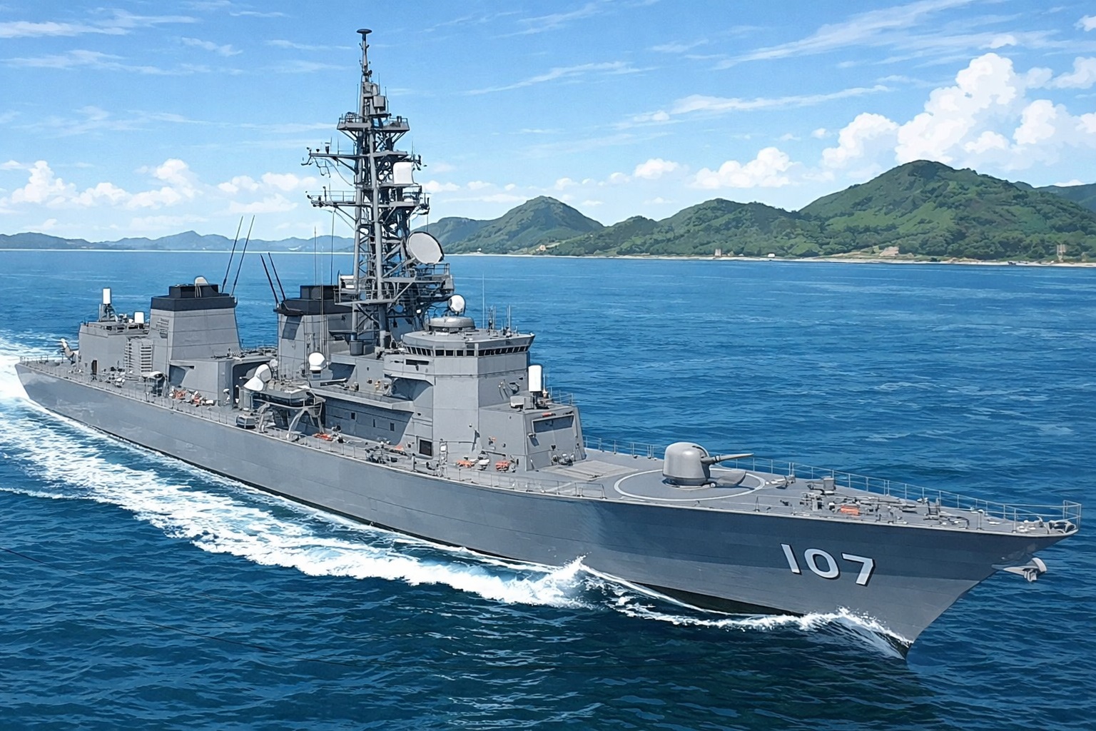 Gray naval destroyer sailing through blue ocean with green hills in the background; hull number 107 visible on the bow.
