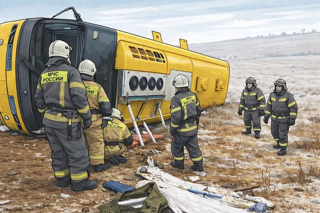 Emergency responders from МЧС России gather around a yellow overturned bus in a snowy, desolate field, preparing rescue equipment and assessing the scene.