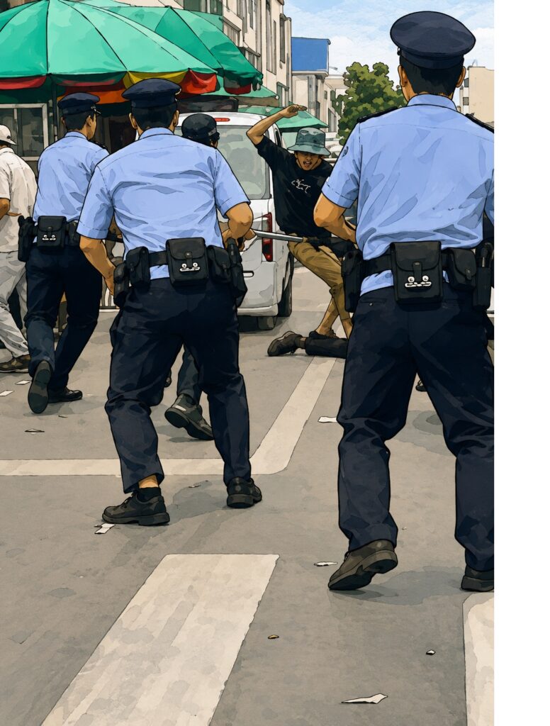Police officers in blue uniforms form a barrier on a city street as a man in a hat raises an arm in a defensive stance amid a tense confrontation.