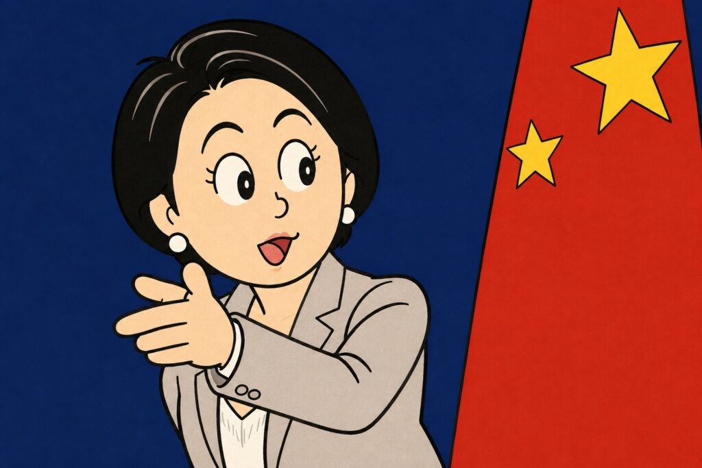 Cartoon woman in a gray blazer points to the right against a blue background with red panel and yellow stars suggesting China, conveying instruction or direction.