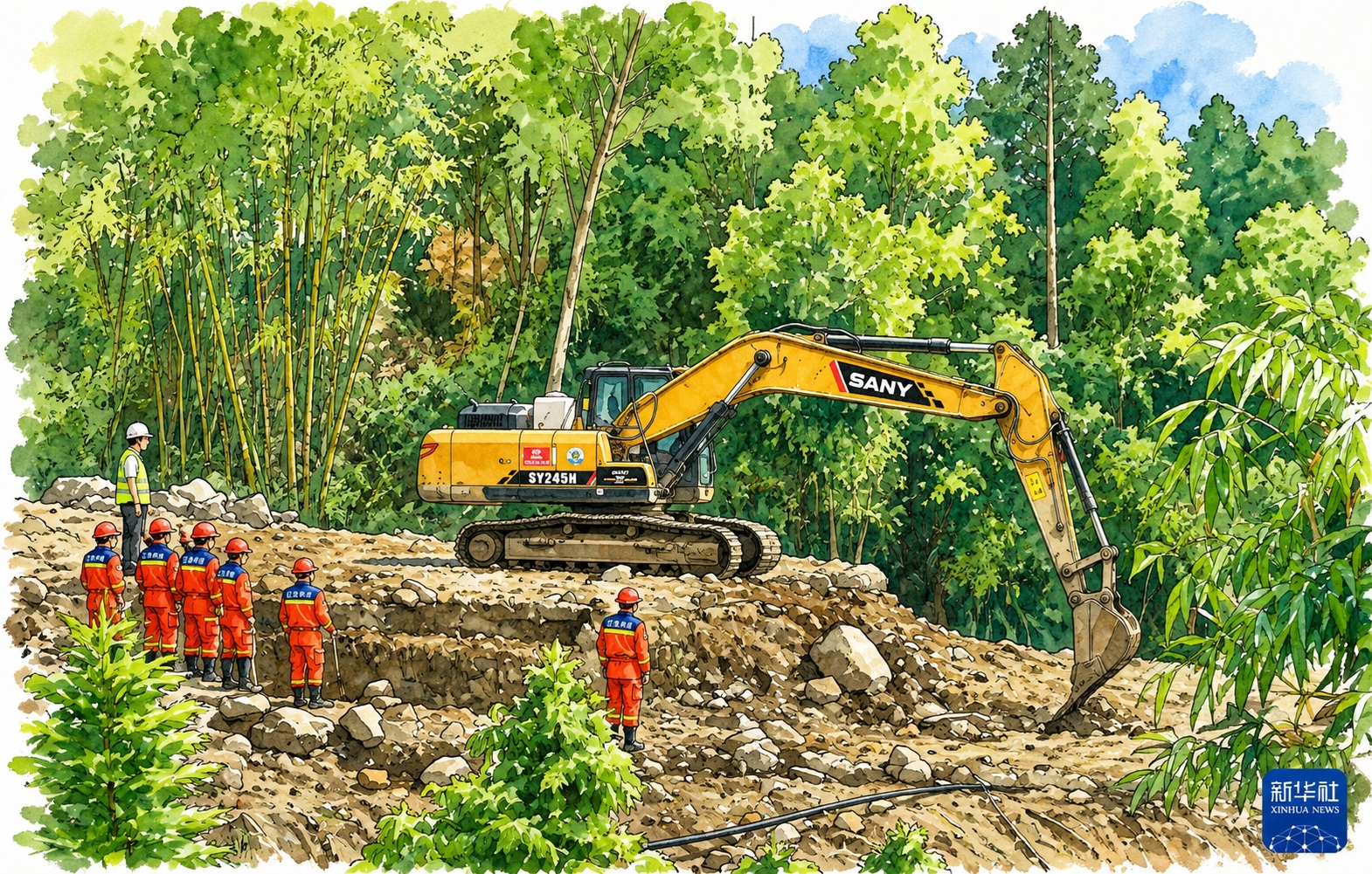 Yellow excavator on a rocky mound digs while a group of construction workers in orange safety gear and helmets observe in a dense jungle setting. Xinhua News logo visible bottom right.