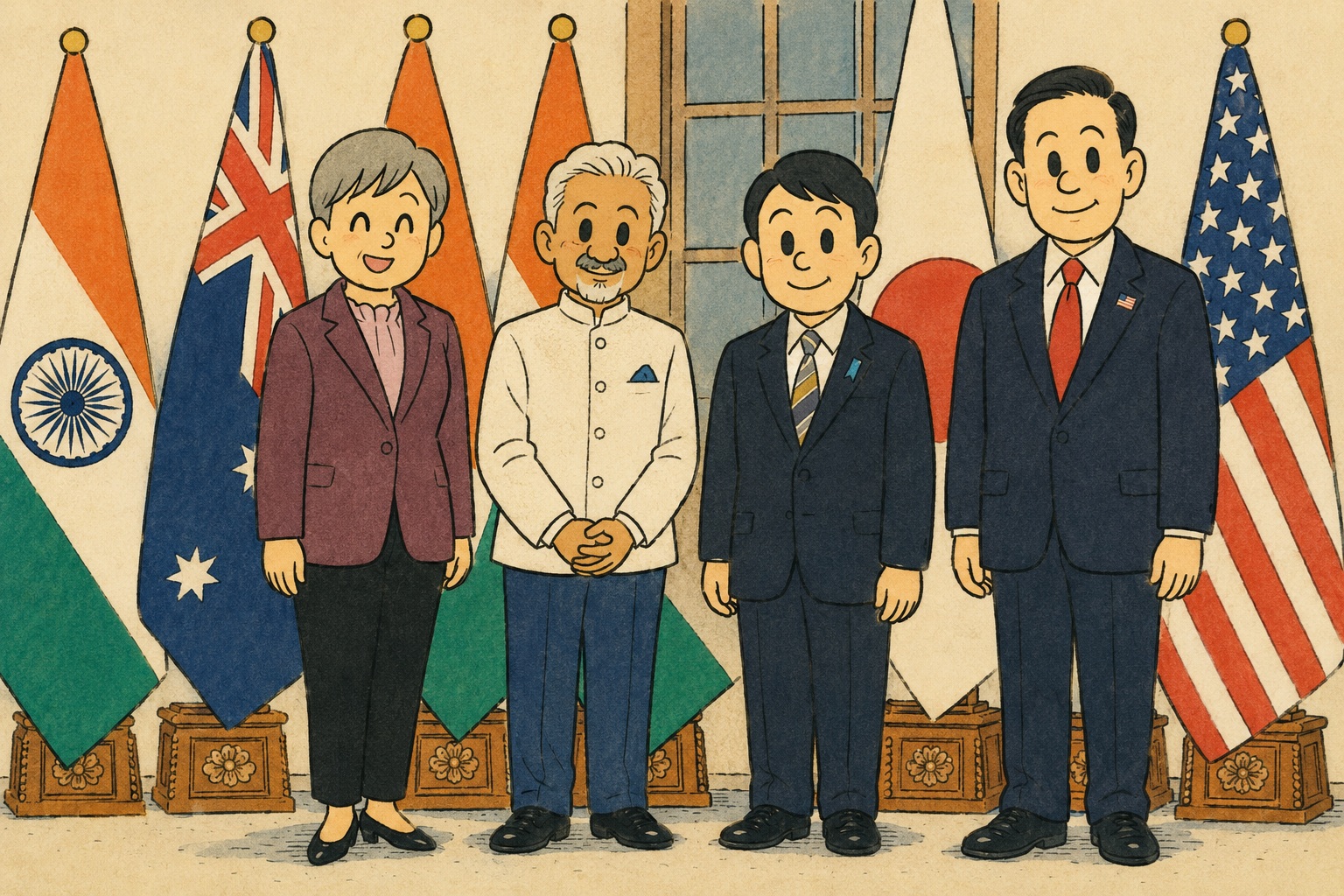 Group of four formally dressed officials posing indoors with multiple national flags behind them, including the US, India, and others.