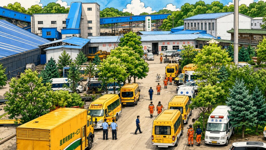 Wide view of an industrial yard with numerous yellow ambulances, workers in orange uniforms, and blue-roofed buildings amid green trees under a bright sky.