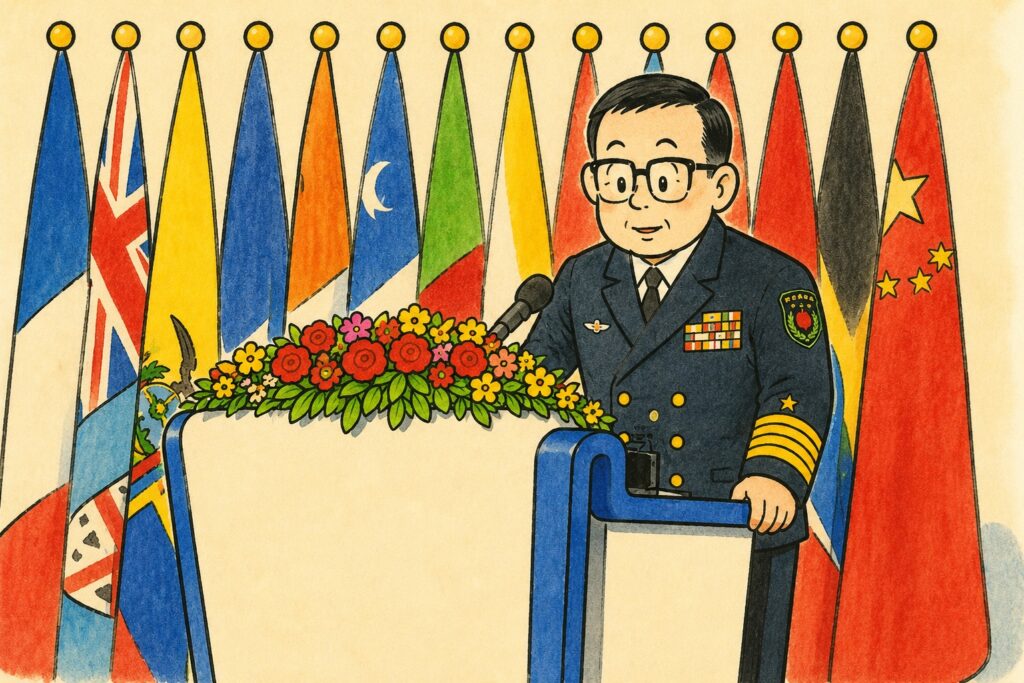 Military officer in dress blues speaks at a podium with a flower arrangement, behind a row of international flags.