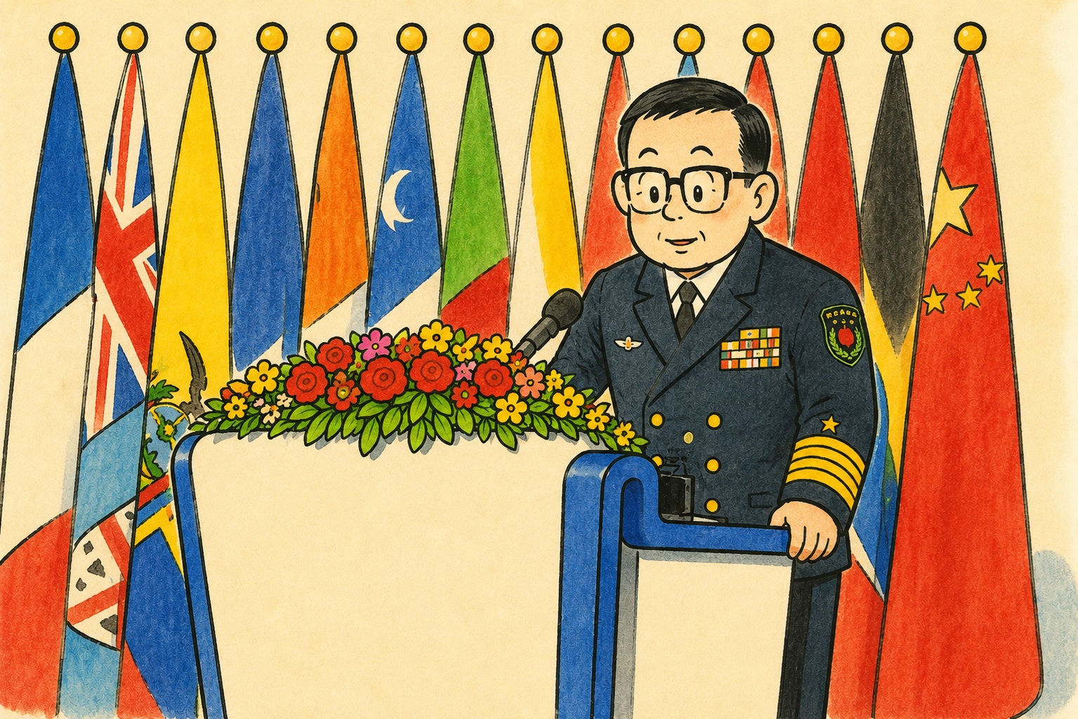 Military officer in dress blues speaks at a podium with a flower arrangement, behind a row of international flags.