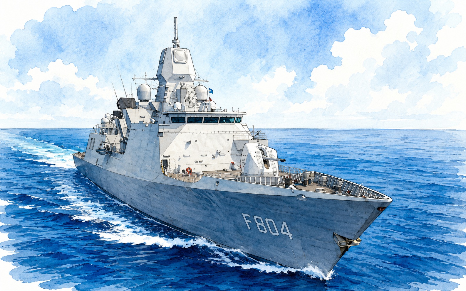 Gray military destroyer at sea with hull number F804 cutting through blue waves on a sunny day.