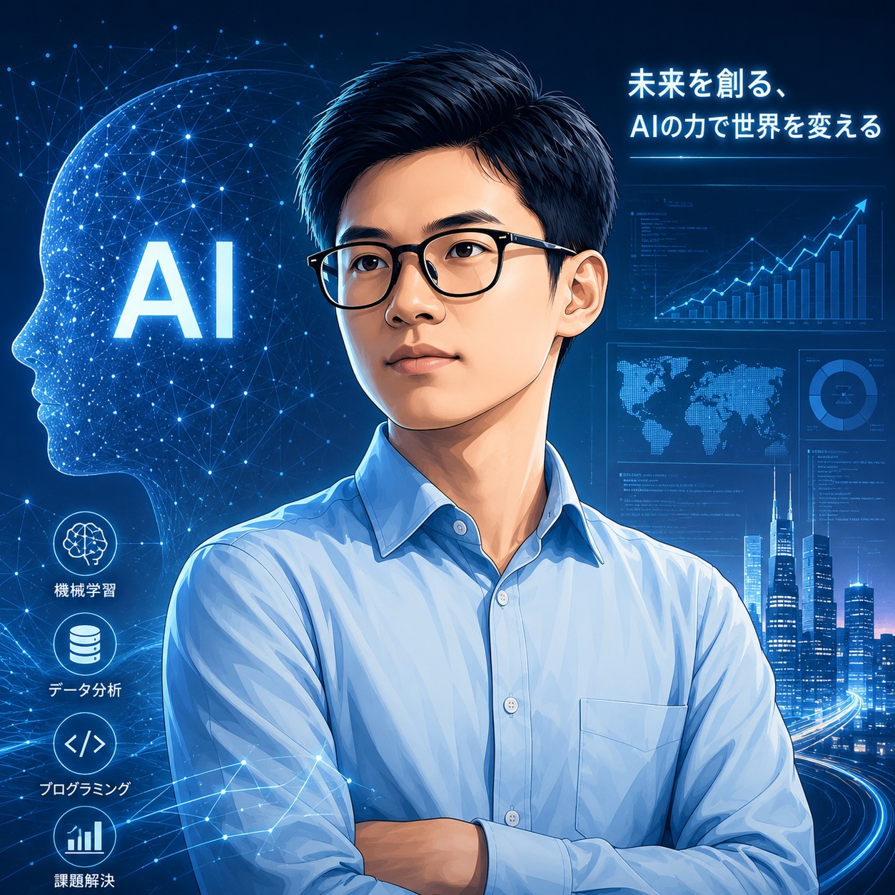 Young man with glasses in blue shirt, standing before AI-themed blue background with charts and world map.