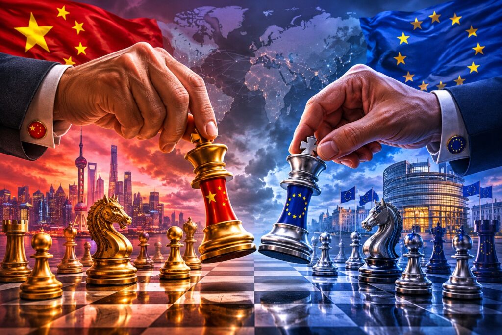 Two hands move gold and silver chess kings on a global board, symbolizing China versus the European Union competition. Behind them are city skylines and flag imagery.