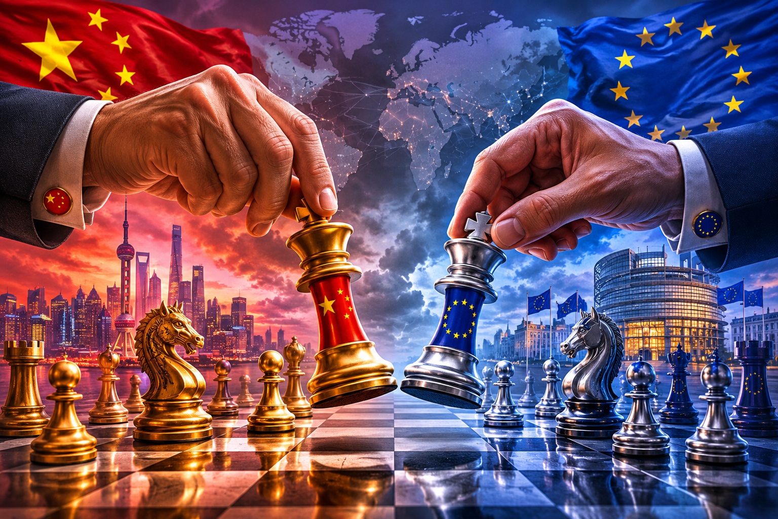 Two hands move gold and silver chess kings on a global board, symbolizing China versus the European Union competition. Behind them are city skylines and flag imagery.