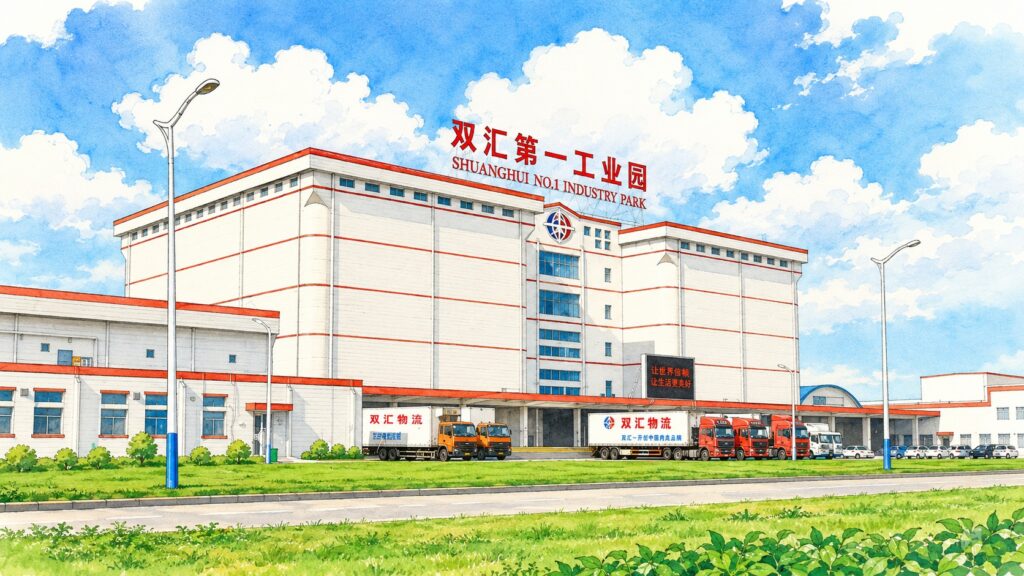 Large industrial warehouse with loading docks; several delivery trucks parked along the front under a blue sky with clouds