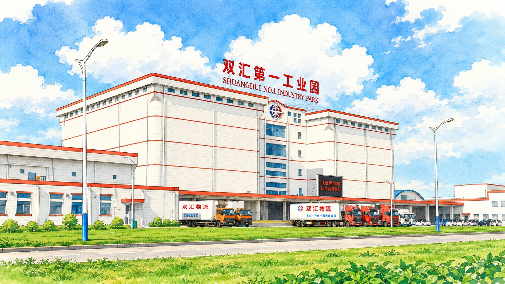 Large industrial warehouse with loading docks; several delivery trucks parked along the front under a blue sky with clouds