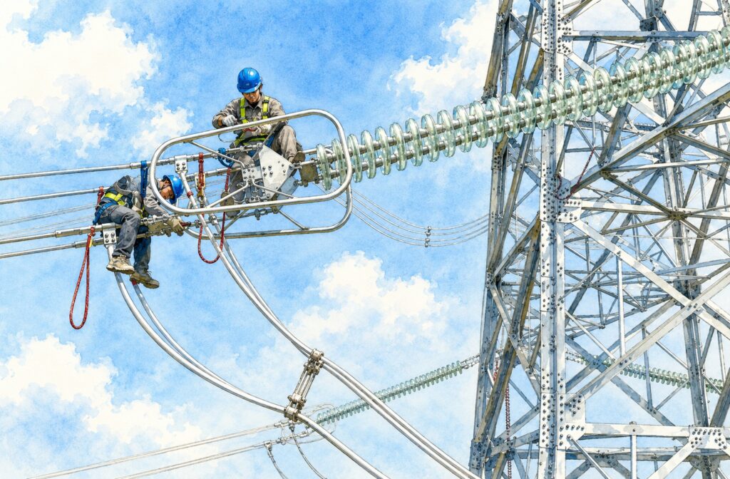 Two utility workers in blue helmets and safety gear on a suspended platform repairing high-voltage power lines on a tall steel transmission tower.