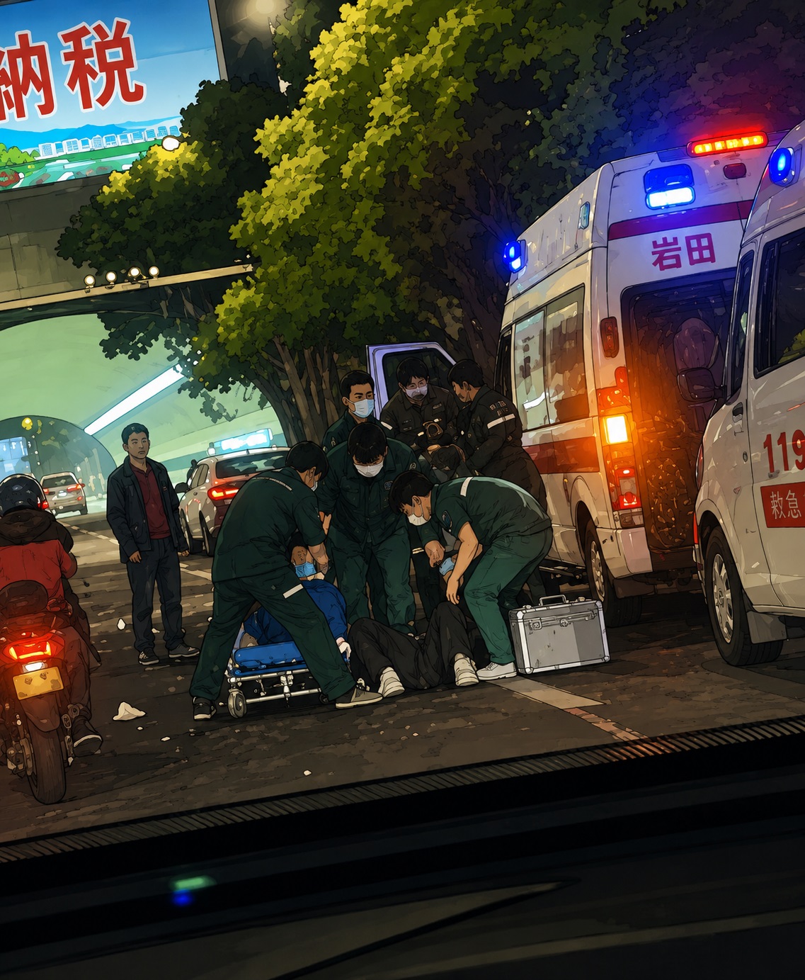 Emergency responders in green uniforms help a person on a stretcher beside an ambulance with blue lights on a city street at night, all wearing masks.
